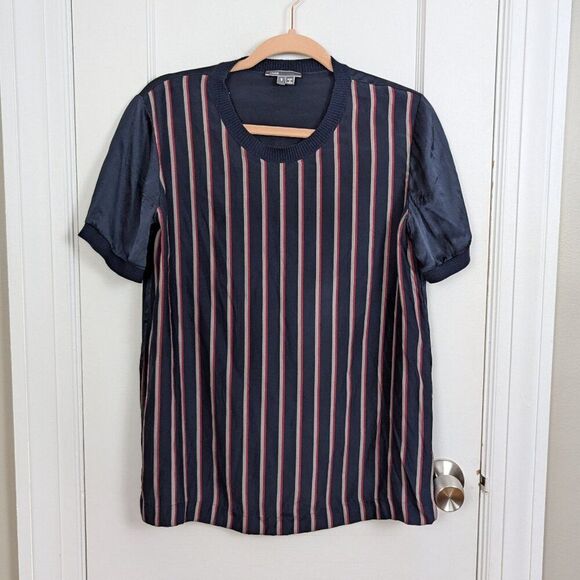 Vince | Women Navy Red Stripe Silk Blouse Crew Neck Short Sleeve - Picture 1 of 5